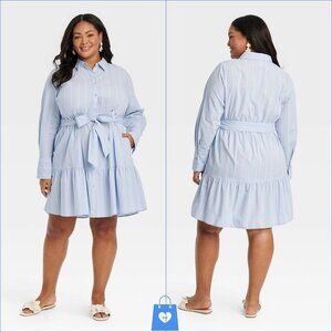 XXL - Womens Long Sleeve Button-Front Mini Shirtdress - Ava Viv - Blue Striped